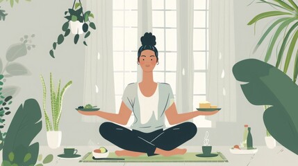 Woman Sitting in Lotus Position With Plate of Food - obrazy, fototapety, plakaty