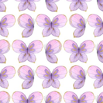 Watercolor seamless pattern with abstract purple butterflies. For fabric, textiles, wallpaper