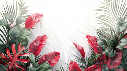 tropical plants and leaves around frame background Template for product presentation. advertisement. invitation. copy text space.