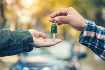 A car salesman hands over car keys to a new owner. A closeup of the key and hand is shown on a blurred background with space for copy, text, or a banner - obrazy, fototapety, plakaty