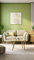 Modern living room interior with green walls wooden furniture and plants