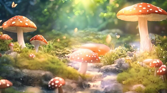 Fantasy Nature Landscape with Mushroom and Butterfly Animated Background in Japanese Anime Watercolor Painting Illustration Style.