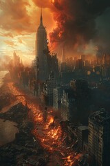 3D matte painting transforming a normal city into a post-apocalyptic wasteland - obrazy, fototapety, plakaty