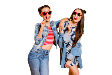 Two brunette hair beautiful attractive dreamy charming lady glasses spectacles casual denim outfit...