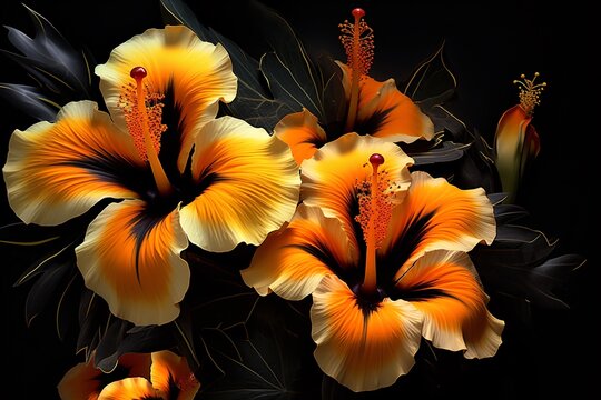 a group of orange and black flowers