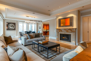 Obraz premium Living room with open concept view through to dining room kitchen and a marble fireplace.