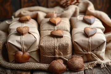 A rustic burlap gift box tied with twine and accompanied by scattered wooden heart cutouts professional photography