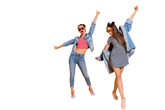 Full legs length body size portrait of two sweet gorgeous nice brunette hair lady raised hands up stand isolated on yellow shine background wear in glasses spectacles