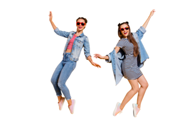 Full legs length body size portrait of two adorable good-looking brunette hair lady in glasses spectacles raised hands up make beaming hollywood smile dance isolated on yellow shine background