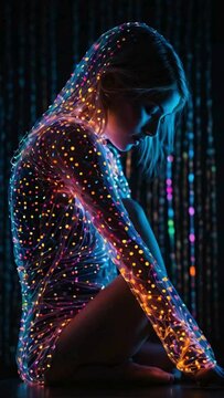 silhouette of colorful beautiful woman with glowing neon dots
