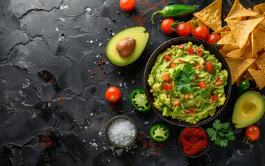 A bowl with guacamole on a stone background, around the bowl there are avocados, green lime, salt, jalapeños, tomatoes and nachos. Empty space for copyspace