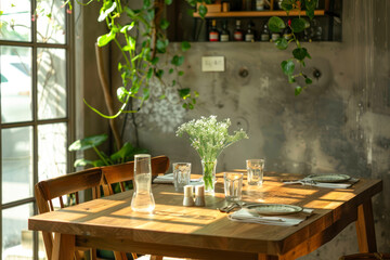 Fototapeta na wymiar Stylish and botany interior of dining room with design craft wooden table.