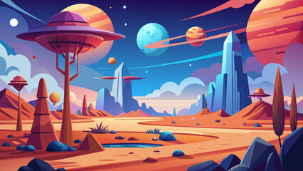 Seamless cartoon vector landscape. Vector endless background with ground, Fantasy science fiction background for UI games. - obrazy, fototapety, plakaty