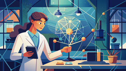The female scientist examines the artificial neurons connected to the neural network in the laboratory. - obrazy, fototapety, plakaty