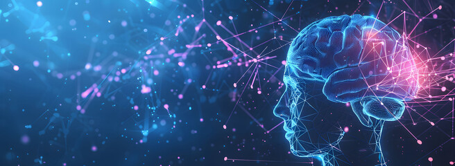  Artificial Intelligence concept banner with a digital brain, human head silhouette, neural connections, and glowing connection lines on a dark blue background with copy space.  - obrazy, fototapety, plakaty