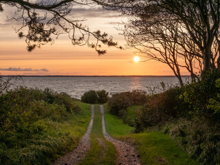 Seaside country road at sunset overlooking Kattegat on Tuno island, Midtjylland, Denmark