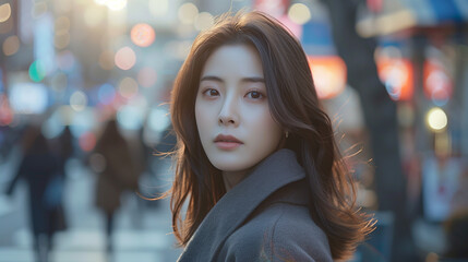 In the heart of the bustling city street, an adult Korean woman strolls amidst the fast-paced urban lifestyle.