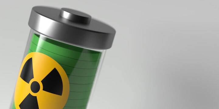 Close-up nuclear battery with radiation sign on white background, copy space. Atomic fuel recharging. Infinite energy concept. Symbol design on 3D rendered horizontal composition.