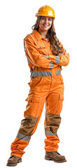 A construction worker woman wearing equipment and a helmet isolated on a white background