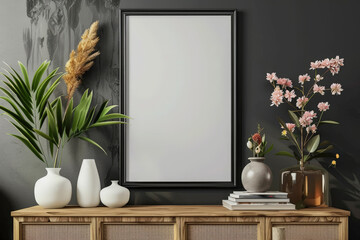 empty  black frame mockup on the wall of an apartment, a wooden sideboard with vases containing flowers nearby, against a dark gray background.
