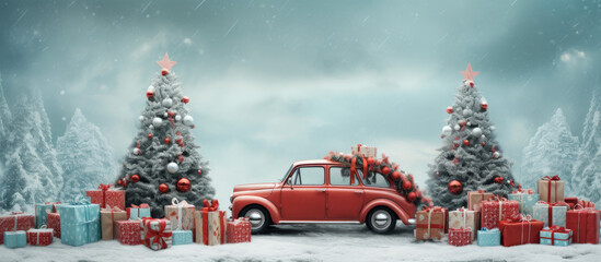 Red retro miniature toy car delivering, carrying Christmas or New Year gifts on top, on festive snow gray background. Christmas invitation card background.