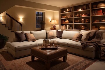 Cozy Basement Living Room Design: Plush Furnishings and Warm Lighting Ideas