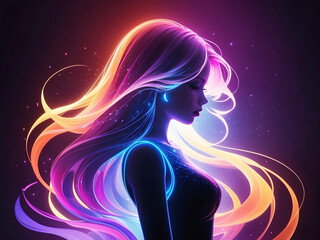 Profile View Illustration of a Girl With Colourful WAves for Hair, Magic and Fantasy, AI Generative