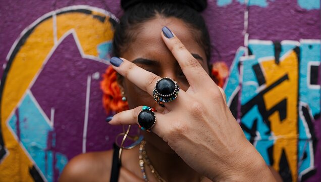 A hand adorned with a bold, black bead ring, making a striking statement against a backdrop of vivid, colorful graffiti Generative AI