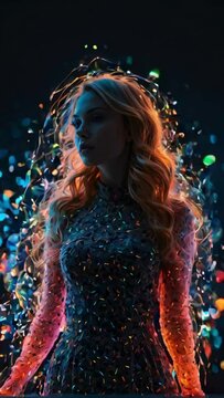 silhouette of colorful beautiful woman with glowing neon dots