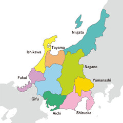 中部地方、中部地方のカラフルな地図、英語の県名入り