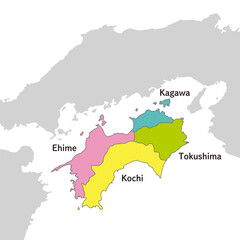 四国地方、四国地方のカラフルな地図、英語の県名入り