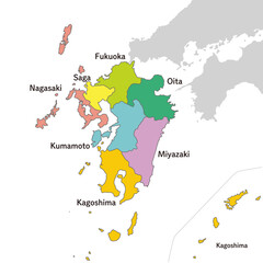 九州地方、九州地方のカラフルな地図、英語の県名入り