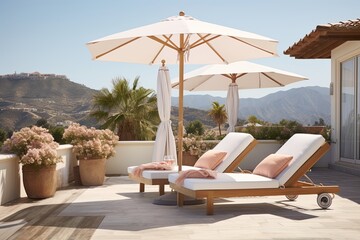 Sun-Drenched Serenity: Resort-Style Patio with Chic Sunbeds and Umbrellas - obrazy, fototapety, plakaty