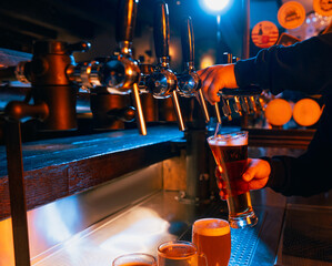 Variety of beers served at bar, with hand pouring dark, foamy, refreshing ale from tap system....