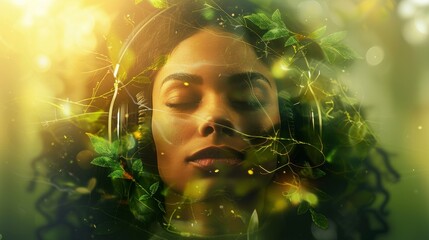 Person with eyes closed, music streaming through headphones, surrounded by green natural landscapes, power of music as a form of escape and relaxation.