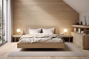 Light Wood Serenity: Scandinavian Minimalist Bedroom Design with Cozy Textures