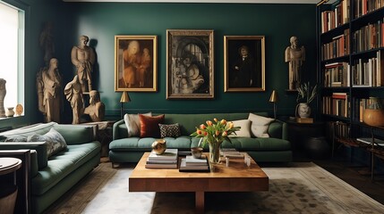 a green-carpeted living room with an eclectic mix of vintage and contemporary elements, showcasing personal treasures, bold artwork, and unexpected details
