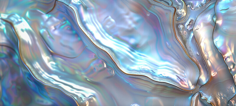 Top view texture of lustrous mother-of-pearl shell with its iridescent surface shimmering with a pearlescent glow that shifts with the light