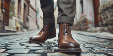 Man in laced boots does refined steps along historic pavement. Stylish gentleman in vintage leather shoes walks along old city street closeup - obrazy, fototapety, plakaty