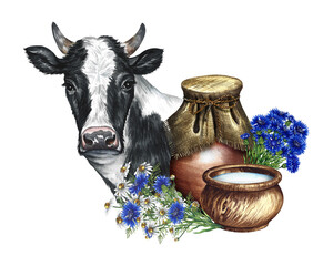 Portrait of a cow and dairy products in ceramic and wooden dishes. A hand-drawn watercolor illustration. For advertising banners, labels of dairy products packages. For posters, prints, business cards