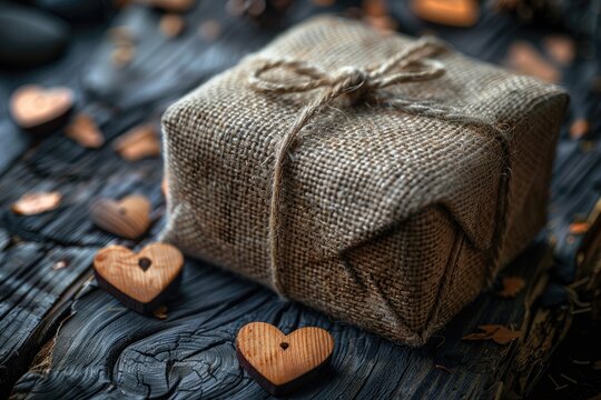 A rustic burlap gift box tied with twine and accompanied by scattered wooden heart cutouts professional photography