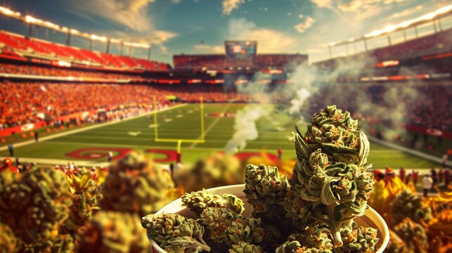 a bowl of marijuana in front of a football field