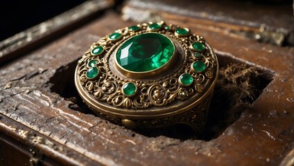 A majestic, ancient ring, encrusted with emeralds, lying forgotten in a dusty old chest Generative AI