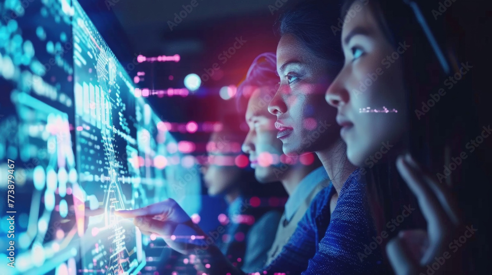 Poster diverse group of individuals gathered around a computer monitor, examining information and discussin
