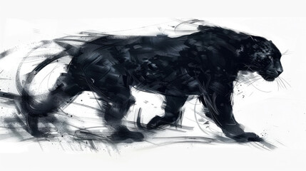A black panther is walking confidently across a white background