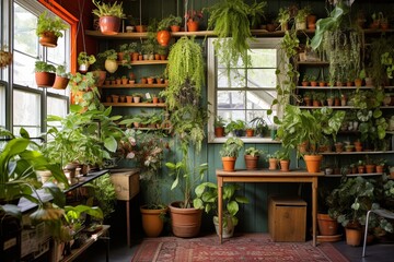 Fototapeta na wymiar Hanging Plants, Vertical Garden, Green Wall: Bohemian Chic Art Studio Ideas