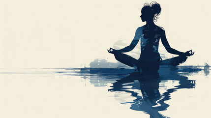 A woman is seated in shallow water, engaged in a yoga pose. The serene ocean surrounds her as she finds peace and serenity in her practice - obrazy, fototapety, plakaty