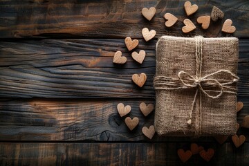 A rustic burlap gift box tied with twine and accompanied by scattered wooden heart cutouts professional photography - obrazy, fototapety, plakaty