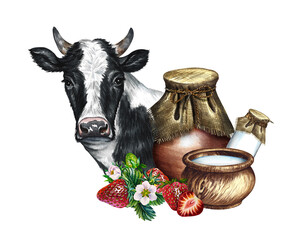 Portrait of a cow and dairy products with strawberries. Strawberry yogurt and sour cream. A hand-drawn watercolor illustration. For advertising banners, labels of dairy products packages. For posters.
