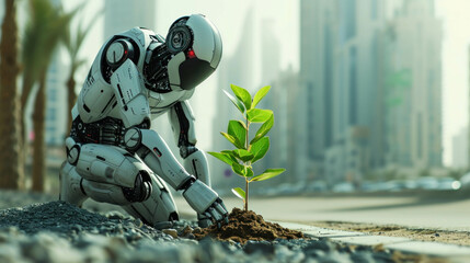 Experience the future of urban development as a robotic entity plants a sapling in Riyadh against a backdrop of bright daylight, immortalized in high-detailed 8k HDR10, epitomizing AI generative. - obrazy, fototapety, plakaty